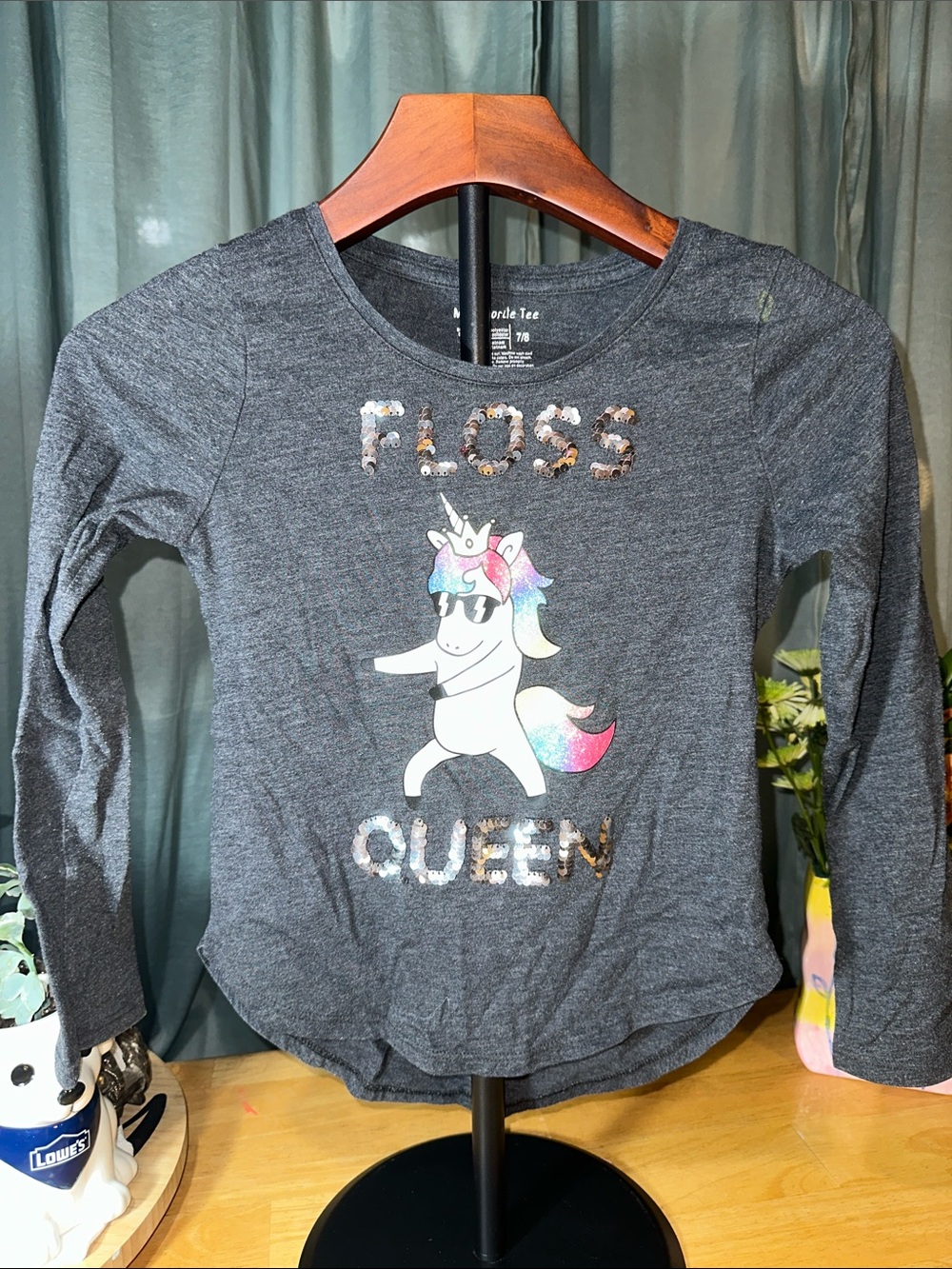 Girls' Dark Gray 'Floss Queen' Unicorn Long-Sleeve Tee M(7/8) B223